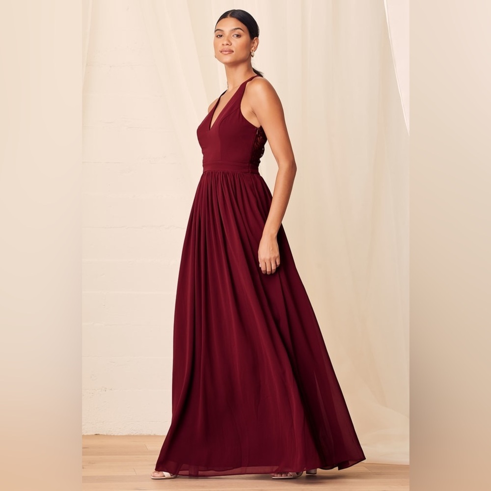 Love Spell Burgundy Lace-Back Maxi
Dress​